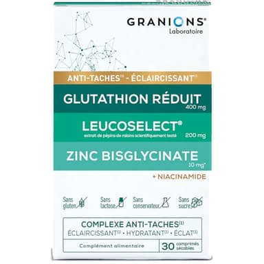 GRANIONS - COMPLEXE ANTI TACHE VISAGE – Glutathion, Vitamine C, Zinc bisglycinate, Selenium, Niacinamide - Éclat, Uniformité du Teint, Éclaircissant, Hydratant Visage - Fabriqué en France - 1 MOIS