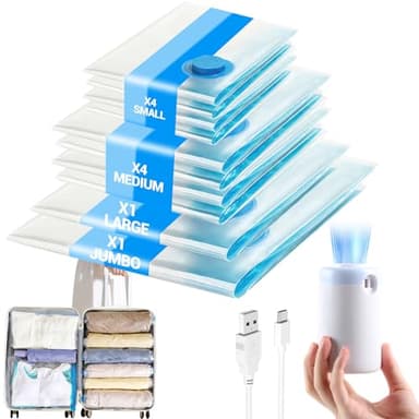 Sacs de Compression sous Vide avec Pompe Sans Fil – Lot de 10 Sacs de Rangement Réutilisables pour Vêtements, Couettes, Voyage et Stockage Quotidien – 4 Petits, 4 Moyens, 1 Grand, 1 Jumbo