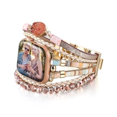 CHARMINGO Bracelet en cuir bohème, compatible avec Apple Watch, unisexe, 40 mm/38 mm/41 mm, 44 mm/45 mm/46 mm/42 mm/49 mm, série 9, 8, 7, SE, 6, 5, 4, fait main, avec perles multicouches, 38mm/40mm