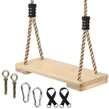 BOPEUY Balancoire Bois, Balancoire Exterieur Bois, Escarpolette Enfant, Balançoire Adulte avec Corde de Chanvre Réglable, Siège Balançoire, Escarpolette pour Arbre - Charge Max 200kg