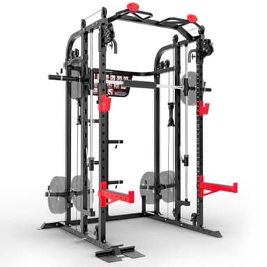 Sportstech SXM150 Smith Machine pour la Maison, avec 1 an d'App STL Incluse, Power Rack Multifonction avec câble de Traction, Station de Musculation pour disques de Poids, Home Gym Complet