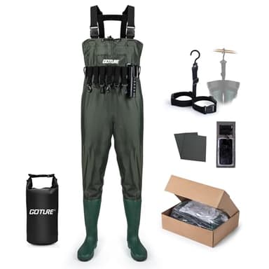 Goture Waders imperméables pour homme en nylon 70D / 500 PVC, avec poche étanche, chasse, cuissardes avec pied bottes, poche pour téléphone portable, vert