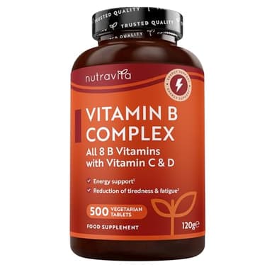 Nutravita Vitamine B Complex avec Vitamine C + Vitamine D - 500 Comprimés pour + 1 An de d'Utilisation - Les 8 Vitamines B + Biotine - Métabolisme, Fonction Psychologique, Système Nerveux (EFSA)
