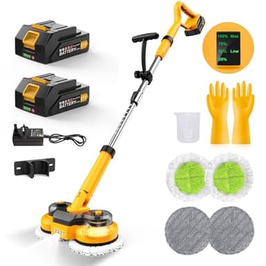 Balai Électrique sans Fil 21V avec 2 Batteries de 2000mAh Vadrouille Électrique sans Fil avec Fonction pulvérisateur Serpillière Electrique avec réservoir d'eau de 400 ML Éclairage LED 4 tampons