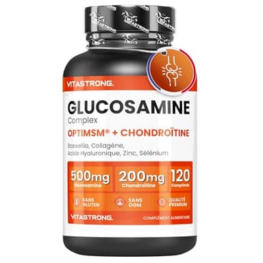 Glucosamine Chondroïtine Vitastrong avec MSM, Collagène et Acide Hyaluronique, Zinc, Sélénium, Manganèse, Boswellia pour Os, Articulations, Cartilage, Chondroitine Glucosamine Complexe Naturel Premium