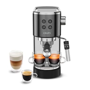 Krups Virtuoso+, Machine expresso manuelle, Café à pompe, Café moulu ou dosettes, 15 bars, Inox, Buse vapeur, Espresso et cappuccino, Noire, XP444G10, Noir