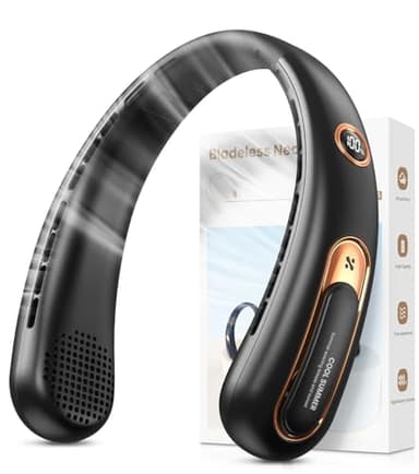 Ventilateur de Cou Portable, Ventilateur USB Rechargeable 4000mAh Max 15H, Ventilateur Silencieux sans Pale, 3 Vitesses et Affichage LED, Petit Ventilo Puissant 360°, pour Bureau Sport Voyage Camping