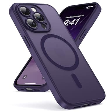 Oududianzi-Coque pour iPhone 14 Pro Max Compatible avec MagSafe Magnétique, Housse de Arrière Translucide Givrée PC, TPU Silicone Bumper Étui Protection Antichoc Militaire Anti-Empreintes-Violet Foncé