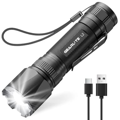 GEARLITE Lampe Torche Rechargeable, 3000LM Mini Lampe de Poche Tactique LED Ultra Puissante Rechargeable Zoomable avec 3 Modes D'éclairage, IP65 Étanche Longue Portée LED Flashlight pour Camping