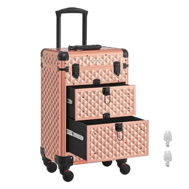 SONGMICS Valise de Maquillage Professionnel, Mallette Cosmétique, avec 2 Tiroirs, Grand, 34 x 24 x 56 cm, Roulette Pivotante à 360°, Voyage, Manucure, Maquilleur, Coiffure, Doré Champagne JHZ008A01