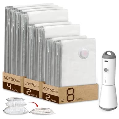 Vacbird Sac Sous Vide Vetement Aspirateur et Pompe à Vide Sans Fil, Lot de 8(4 Grands, 2 Moyens, 2 Petits), Sac de Rangement Sous Vide Réutilisables pour Vêtements, Literie, Couette