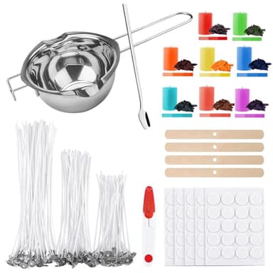ALLAVA Kit de fabrication de bougies, pot de cire et 100 mèches de bougie, 8 couleurs de bougie, 100 autocollants pour bougies, 4 supports de mèche, kit de fabrication de bougies pour adultes et