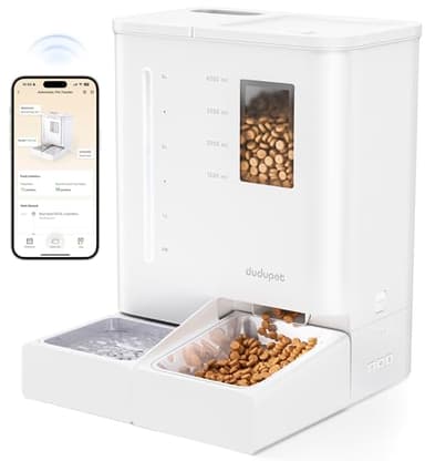 DUDUPET Distributeur Croquettes Chat Automatique et Fontaine 2 en 1, 5G WiFi, Contrôle APP, 5L Distributeur Croquettes Chien, et 4L Fontaine a Eau Chats Combo, Vocal 10S