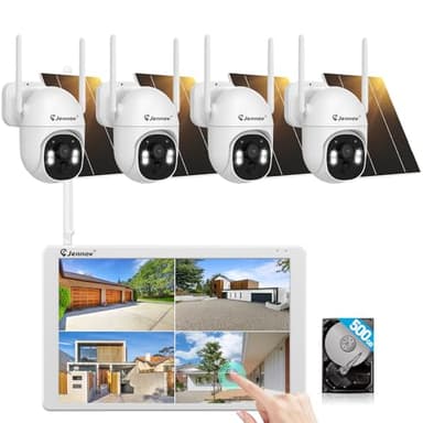 Jennov Kit Camera Surveillance Exterieure sans Fil Solaire mit Moniteur, 5MP 10CH 10" Pouces NVR Écran Tactile, 5MP Caméra avec 360° Pan & Tilt, Vision Nocturne Couleur, PIR Détection, Sans Abonnement