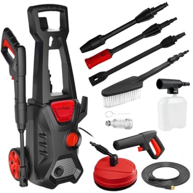 LEHMANN Nettoyeur Haute Pression Jukon, 1600W, Max. 200 Bar, Débit 480 l/h, Tuyau 5m, Pompe Aluminium, Filtre à Eau, Kit D'accessoires - Buse Turbo, Canon à Mousse, Brosse pour Terrasse et Voiture