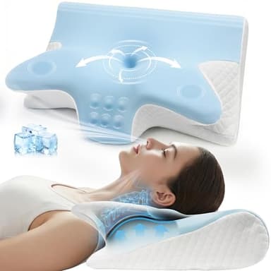 Honfay Oreiller Cervical Ergonomique, 2 en 1 Oreiller à Mémoire de Forme avec Accoudoirs, Double Hauteur pour Dormeurs sur Le Côté, Le Dos et Le Ventre, 60x42x14/12cm (Bleu)