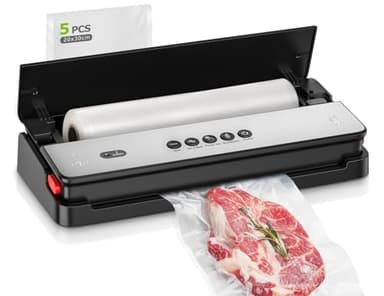 Bonsenkitchen Machine à emballer sous vide, pour aliments secs et humides, avec cutter intégré, contient 1 rouleau de sacs en aluminium, 5 sacs sous vide prédécoupés