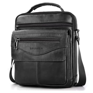 SPAHER Sacoche Homme Cuir Véritable Sacoche Homme Bandouliere Pochette Homme Grand Sac Bandoulière Homme Sac Porté Epaule Sacs Business Sacs à Main Voyage pour Ipad 11 Pouces Noir
