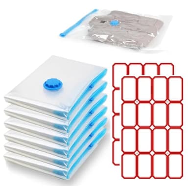KEQAR Sacs de compression avec pompe, 6 pièces, Réutilisables, Sacs de rangement sous vide, sac sous vide vetement, aspirateur sac, Petites étiquettes autocollantes (30 * 40cm)