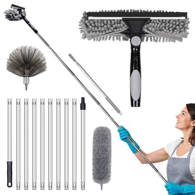 Ensemble plumeau télescopique 2 en 1, Nettoyeur de Vitres avec Perche Divisible de 0,9 à 4,3 m, plumeau en Microfibre et Brosse en Toile d'araignée, avec Perche télescopique, pour Plafonds, Stores