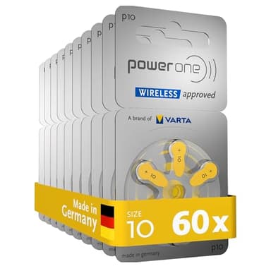 Power One Piles auditives Type 10, Jaune, Lot de 60 Batteries pour Amplificateur Appareil Auditif, pour Aide Auditive, Made in Germany