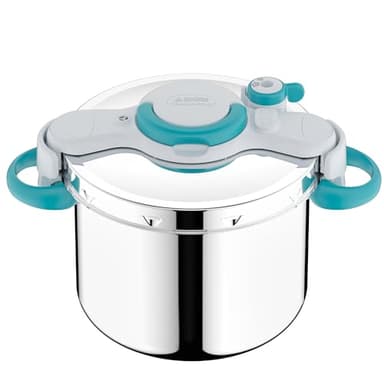 SEB ClipsoMinut' Easy+ 9L, Ouverture facile à une main, Gain de place, Cocotte-minute® Induction, Fabriqué en France, Autocuiseur Inox, Bleu P4904916