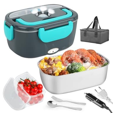 VMUTGA Gamelle Chauffante 60W Lunch Box Chauffante Electrique, 1,5L Lunch Box Chauffante, 12V/24V/220V Boite Repas Isotherme avec Couverts et Sac Isolants pour Voiture Camion Bureau École