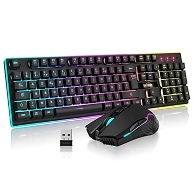 RedThunder K10 Ensemble Clavier et Souris Gaming sans Fil, AZERTY FRANÇAIS, Rétroéclairage LED 3800mAh Batteries Rechargeables, Clavier USB Anti-ghosting + Souris 7D 3200DPI pour PC Gamer Xbox(Noir)