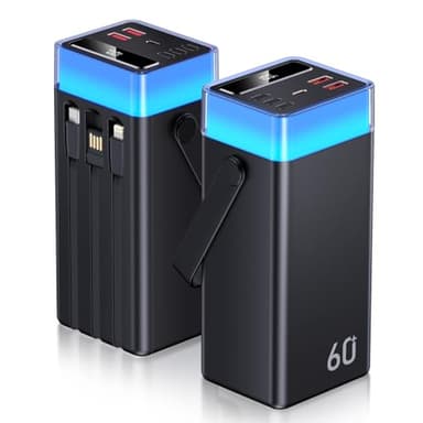 Batterie Externe 60000mAh Charge Rapide 3 Câble Intégré, Power Bank Grande Capacité PowerBank avec 5 Sorties & 2 Entrées 22,5W,USB-C Chargeur Portable Écran LED,Compatible avec iPhone,Android,Tablet