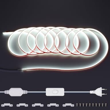 220V Ruban LED COB Exterieur Etanche 10M, 288 Led/m Strip Blanc Froid 6000K sans Transformateur, Flexible Découpable Bande LED avec interrupteur IP65 pour la décoration intérieure, Chambre, la cuisine