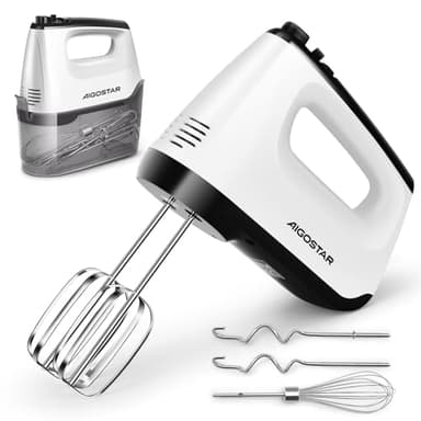 Aigostar Batteur Électrique Cuisine avec Étui de Rangement 400W, 6 Vitesses + Turbo, 5 Accessoires, Bouton d'éjection, Pour la Préparation de Gâteaux, Confitures, Crèmes, etc.