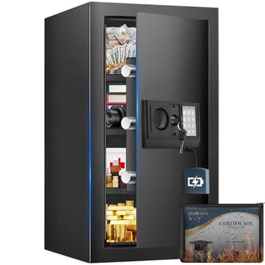Grand coffre-fort de 82 l avec porte-documents étanche ignifuge, coffre-fort avec 3 étagères amovibles, clés de secours et boîte à piles, coffre-fort pour documents, objets de valeur et argent liquide