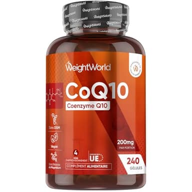 Coenzyme Q10 200mg, 240 Gélules Vegan, Ubiquinone CoQ10 Précurseur de l'Ubiquinol Q10 Coenzyme sans Gluten et sans Stéarate de Magnésium, pour 4 Mois d'Approvisionnement