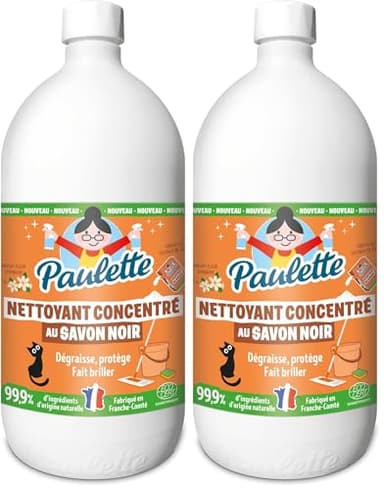 Paulette - Savon Noir Concentré Fleur d'Oranger - Ultra-Dégraissant Ménager aux Cristaux de Soude Multi-Surfaces Ecocert - Fabriqué en France - 1 L (Lot de 2)