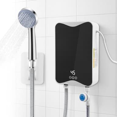 Chauffe Eau Instantané Electrique 5,5 kW 220 V Mini Chauffe-eau avec Pomme de Douche, Étanche, Température Réglable, pour Salle de Bain, Cuisine, Jardin, avec Affichage LED