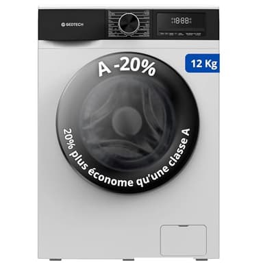 Lave-linge frontal GEDTECH GLL121400WH - 12 Kg - 1400 tr/mn - 16 programmes - Eco - Intensif - Rapide – Très Faible conso - Classe A-20% (Blanc, 12 Kg)