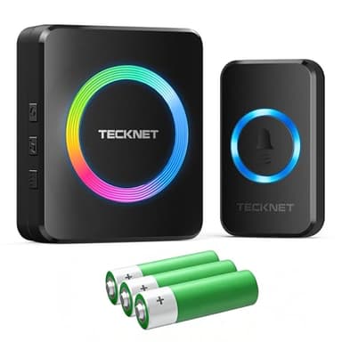 TECKNET Sonnette Sans Fil Extérieure Etanche, Portée de 300 m, Sonnette Extérieure IP66, Indicateur RVB, 60 Mélodies, 5 Niveaux de Volume, Kit Sonnette Sans Fil pour Maisons, Hôtels et Bureaux