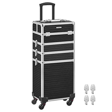 SONGMICS Valise de Maquillage Professionnel 4-en-1, Mallette Cosmétique, XXL, 34 x 24 x 79,3 cm, Verrouillable, roulettes à 360°, pour Voyages, Manucure, Maquilleur, Coiffure, Noir JHZ015B01