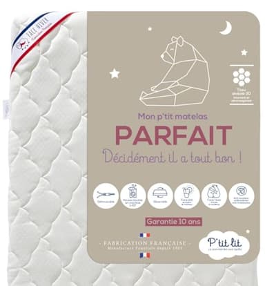 P'TIT LIT - Matelas Bébé/Enfant Parfait - 70x140 cm - 2 Faces : Ultra Respirant l'Été/Chaud et Douillet l'hiver - Anti Acarien - Déhoussable - Oeko Tex® - Fabrication Française - EP. 10 cm