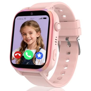 ELEJAFE 4G Montre Connectée Enfant, Montre GPS Enfant Téléphone avec Appel Vidéo SOS Réveil Appareil Caméra IP68 Mode Scolaire Jeux Chat,Smartwatch Cadeau pour Filles et Garçons (Rose-GPS-4G)