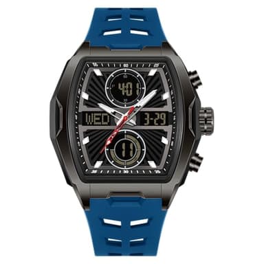 OFNS Montre rectangulaire multifonction pour homme - Chronographe carré - Montre de sport avec affichage numérique et analogique - Double affichage de l'heure - Compte à rebours et chronomètre, bleu