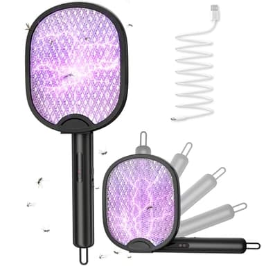 WOCVRYY Raquette-Moustique Electrique Insectes Pliable 4000V - 1800mAh 3 en 1 Suspendable LED Violette Rechargeable USB-C pour Maison Jardin Camping Noir