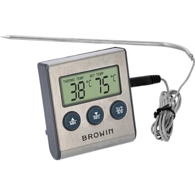 BROWIN®185609 Thermomètre alimentaire avec sonde en acier inoxydable - 1,0 m, 0 à 250°C | Minuteur | alarme | affichage électronique.
