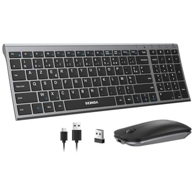 seenda WGJP-031B Combo Clavier et Souris sans Fil Rechargeable, Silencieux, Ultra-Fin, AZERTY Français, 2,4 GHz Récepteur USB, avec Pavé Numérique, pour Windows, PC, Ordinateur Portable,Gris