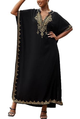 YOUKD Brodé Floral Loose Caftan Boho Couverture de Bikini de Plage Robe Plus Robe pour Femme