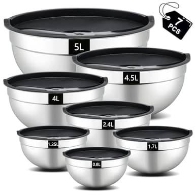hunnycook Set de 7 saladier avec couvercle,Saladier en acier inoxydable avec couvercle 5L,4.5L,4L,2.4L,1.7L,1.25L,0.8L,Ensemble de saladier empilables,Lavable au lave-vaisselle
