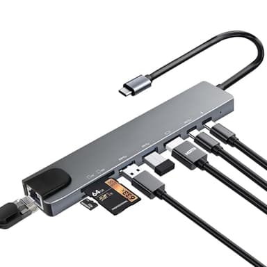 Hub USB C, 8-en-1 Adaptateur USB-C vers HDMI 4K, RJ45 Ethernet, PD 100W, USB 3.0, USB 2.0, Port de données USB-C et Lecteur de Cartes SD/TF, Compatible avec MacBook Pro/Air, iPad Pro, Dell, Surface