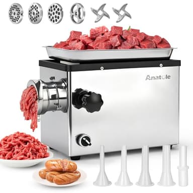 Anatole Hachoir a Viande Électrique Professionnel 950W Acier Inoxydable Farce à Saucisses Multifonctions avec 6/8/10mm/3-Trous Plaque 2 Lames de Broyage 1 Remplisseur de Saucisses 220V