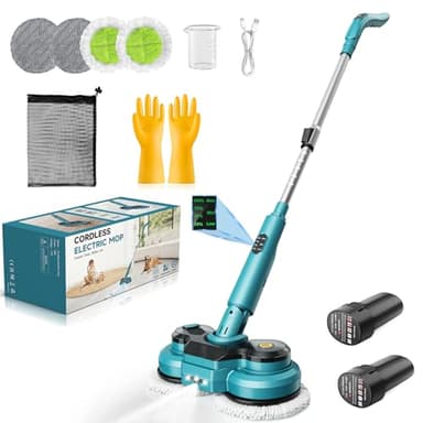 Balai Électrique Sans Fil avec 2 Batteries de 2000 mAh, Balai à Double Rotation avec Pulvérisateur/Phare LED/ Écran Intelligent,Serpillere Electrique avec Réservoir d'eau de 300 ML Pour Sols Multiples