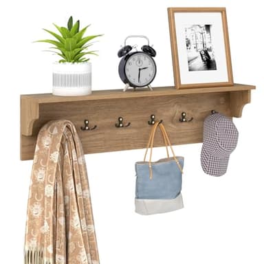 COSTWAY Porte-Manteau Mural 80 cm avec Étagère, Patere Murale Bois, 6 Crochets pour Chapeaux, Serviettes, Sacs, Meuble Entrée, Etagere Suspendue, pour Entrée, Salon, Chambre, Naturel